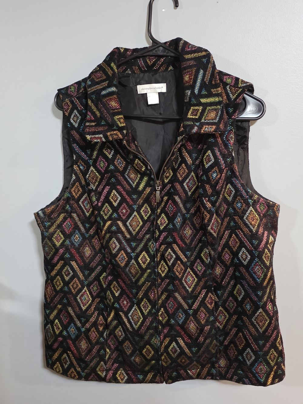 Christopher & Banks Black Geometric Vest with Multicolor Accents